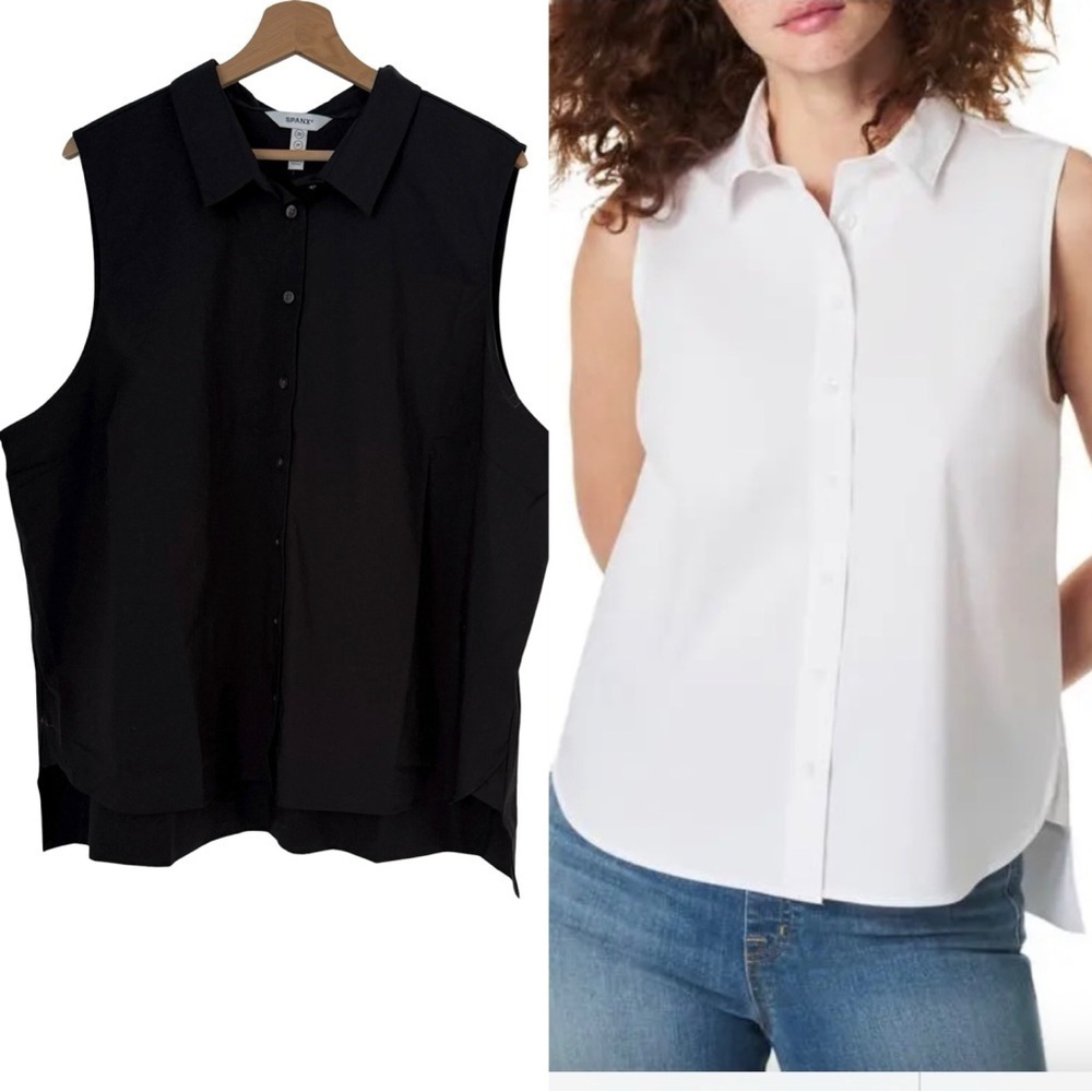 Spanx Sleeveless Stretch Cotton Poplin Button-Up Shirt Sz 2X